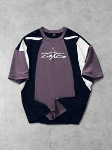 PAVTROS Manfinity Streetrush Men's Casual Contrast Color Block Letter Print Short-Sleeved T-Shirt, Loose Round Neck Short-Sleeved Patchwork, Daily Casual Holiday Gift, Four Seasons Commuting Daily Casual Wear