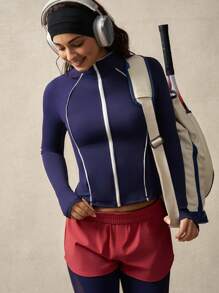 VARSITIE Long Sleeve Workout Top Jacket Women's Front Zip Up Casual Slim Fit - Navy Blue - View 3