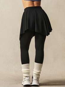 VARSITIE Damskie, jednokolorowe, patchworkowe, falbaniaste legginsy 2 w 1, swobodne, fitnessowe