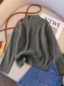 SHEIN Unity Women's Stand Collar Long Sleeve Casual Loose Knit Sweater, Autumn/Winter Fall Cloth For Women - Grey - View 1