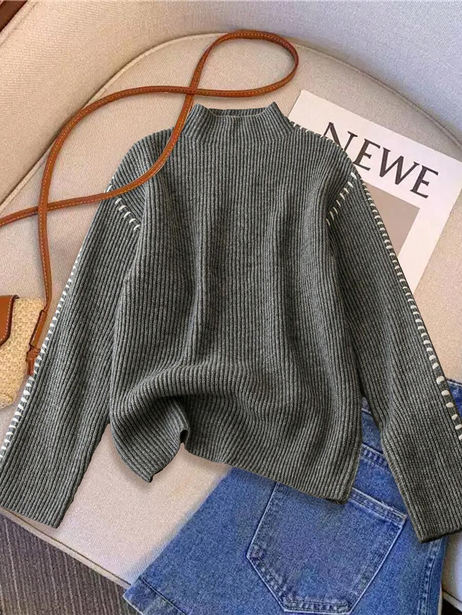 SHEIN Unity Women's Stand Collar Long Sleeve Casual Loose Knit Sweater, Autumn/Winter Fall Cloth For Women - Grey - View 1