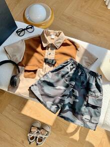 SHEIN 2 Packs Young Boys Casual Street Fashion Colorblock Shirt And Camouflage Shorts Set Suitable For School Suitable For Travel Suitable For Sports Suitable For Spring And Summer Seasons
