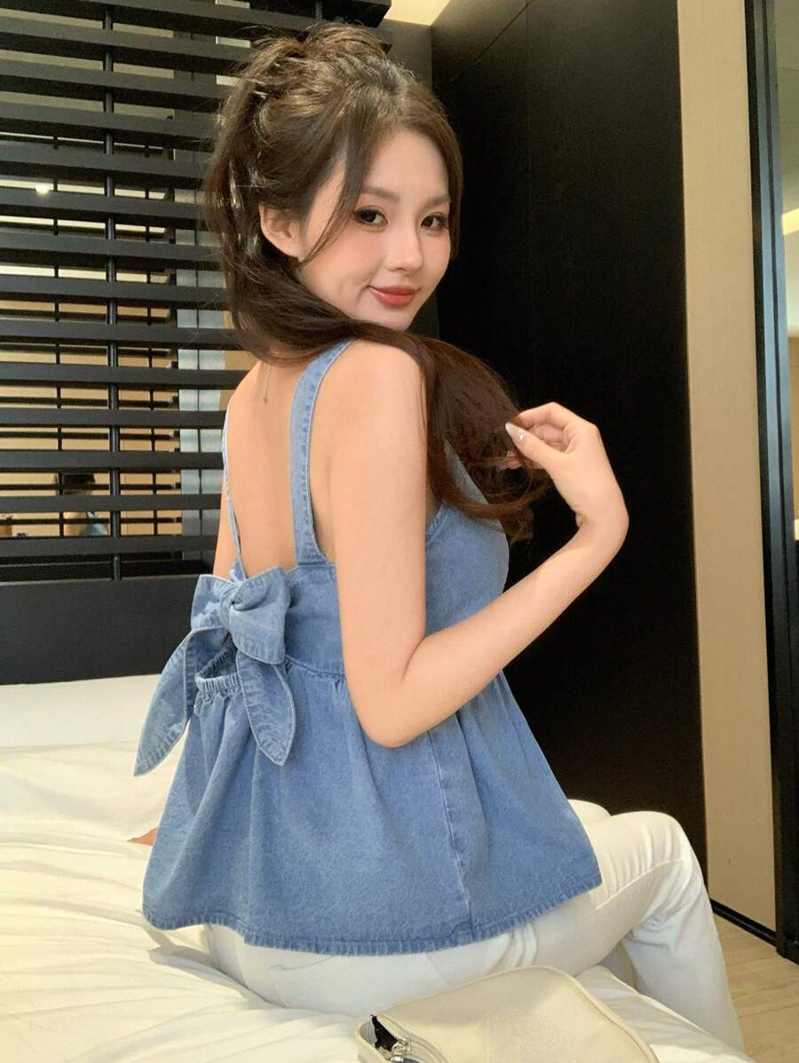 DAZY 新款春季女式蝴蝶结牛仔衬衫，返校服 - 藍色 - 查看 1