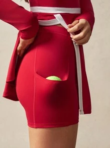 VARSITIE Women Plain Color Patchwork Long Sleeve Pocket Casual Sports Mini Dress - Red - View 5