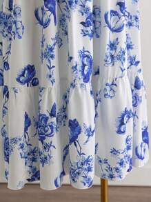 SHEIN WYWH Plus Size Women Floral & Animal Print Ruffle Sleeve Elastic Waist Casual Dress, Vintage Style, Suitable For Summer Vacation, Back To School, Lunch, Casual Occasions, Bachelorette