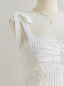 Soleia Plus Size Women Spring Romantic White Shoulder Bow, Gathered Bust, Empire Waist, A-Line Mini Dress - Multicolor - View 7