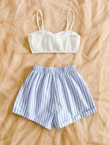 Soleia Set de 2 piezas para mujer: Top de tirantes con giro en la parte delantera y pantalones cortos a rayas de talle alto, adecuado para festival de música, estilo bohemio, vacaciones, citas, tarde de té. - Azul y blanco - Ver 2