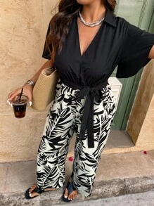 Breezaya Plus Size Plant Print Patchwork Jumpsuit, Casual & Vacation Wear - Multicolor - View 1