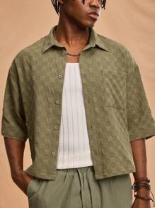 Forever 21 Men's Military Green Loose Cropped Box Shirt; Textured Fabric; Suitable For Spring And Summer Wear - Army Green - View 6
