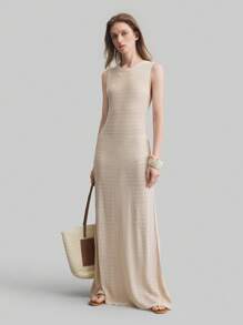 Ontre Vacation Style Bohemian Boho Dress With Ribbed Round Neck Sleeveless Tunic Sweater Dress, Long Women Sweater Dress Outfit For Spring And Summer