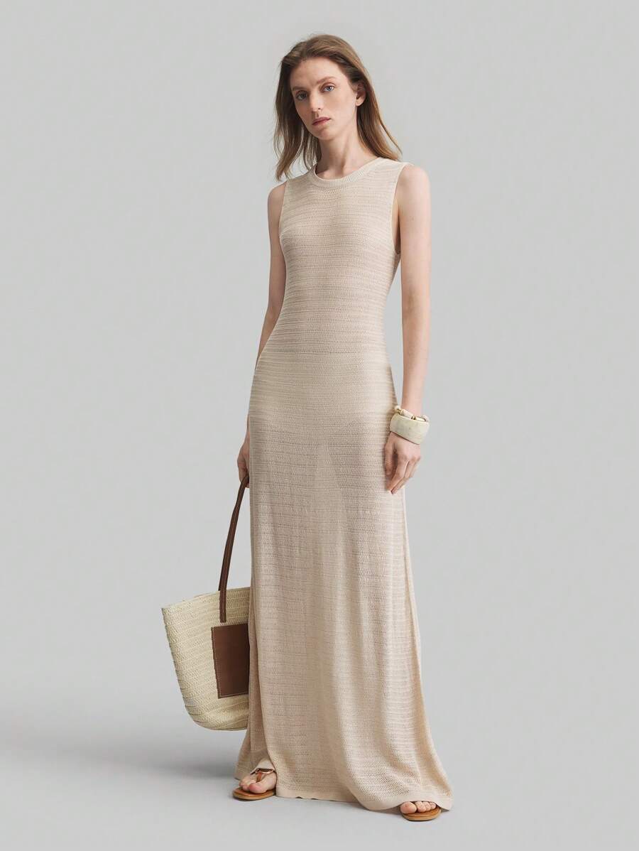 Ontre Vacation Style Bohemian Boho Dress With Ribbed Round Neck Sleeveless Tunic Sweater Dress, Long Women Sweater Dress Outfit For Spring And Summer