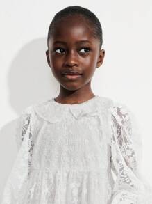 SHEIN Young Girls Sweet Ruffled Collar Puff Sleeve Mesh Embroidered Dresses - White - View 4