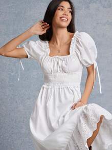 WESTFADE 混合媒体编织与孔眼方领蝴蝶结前褶饰腰部短款泡泡袖荷叶边中长连衣裙海滩度假