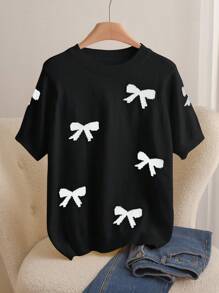 CosyJoli 大码休闲优雅提花蝴蝶结圆领针织毛衣