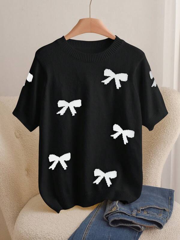 CosyJoli Plus Size Casual Elegant Jacquard Bow Crew Neck Knitted Sweater