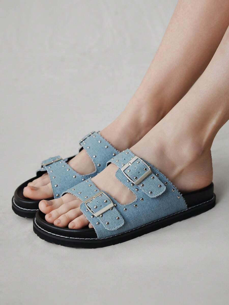 Solecia 女式铆钉舒适一脚蹬凉鞋，简约设计，适合日常休闲穿着 - 藍色 - 查看 1
