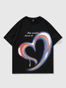 ROMWE MEN Street Life 男式口号与心形图案圆领短袖休闲 T 恤 - 黑色 - 查看 1