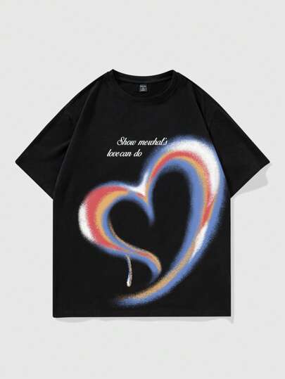 Street Life Men's Slogan & Heart Graphic Round Neck Short Sleeve Casual T-Shirt