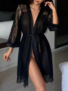 DAZY 女士性感半透明网眼蕾丝边睡袍 - 黑色 - 查看 5