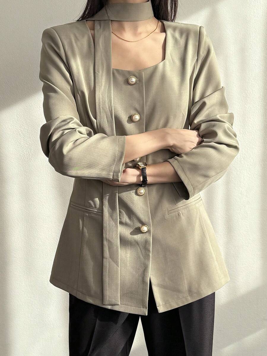 DAZY 女士优雅复古设计西装外套，夏季新款女士西装外套，秋季商务装 - 綠色 - 查看 1