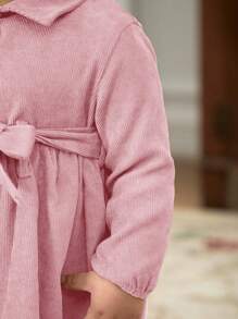 Cozy Pixies Baby Girl Solid Color Casual Versatile Lapel Partially Buttoned Lantern Sleeve Cinched Waist Dress - Pink - View 4