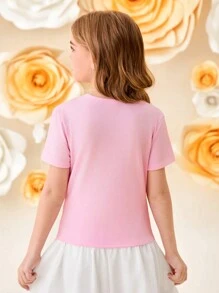 SHEIN Tween Girls' Knitted Tulle 3D Floral Decorated Elegant Pink Blouse, Sweet Top, French Elegant Blouse, Valentine's Day Tween Girl, Flower Girl, Back To School