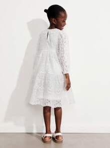 SHEIN Young Girls Sweet Ruffled Collar Puff Sleeve Mesh Embroidered Dresses - White - View 2