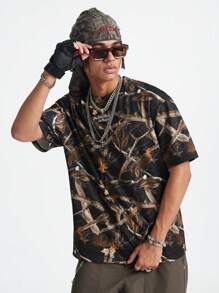 Manfinity VCAY 男士数码印花宽松针织短袖 T 恤 - 棕色 - 查看 6