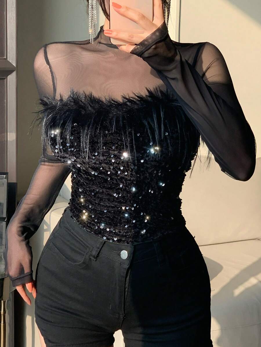 DAZY 春季新款网纱拼接纹理派对风女式T恤舞会礼服长袖女式上衣奢华亮片新年闪光上衣Y2k - 黑色 - 查看 1