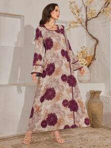 Al Najma Women's Elegant Floral Allover Print Flare Sleeve Arabian Style Dress, Arabian Dresses,Modest - Multicolor - View 7