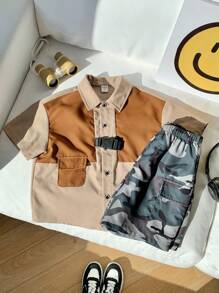 SHEIN 2 Packs Young Boys Casual Street Fashion Colorblock Shirt And Camouflage Shorts Set Suitable For School Suitable For Travel Suitable For Sports Suitable For Spring And Summer Seasons
