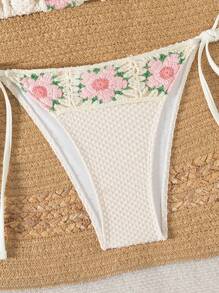 Swim Mod 2pcs Textured Fabric Crochet Floral Halter Tie-Side Sexy Sweet Bikini Swimwear Set, Suitable For Spring Break & Festival Boho For Summer Beach Vacation - Apricot - View 5