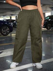 CovetEZ Plus Size Casual Solid Color Cargo Pants - Army Green - View 5