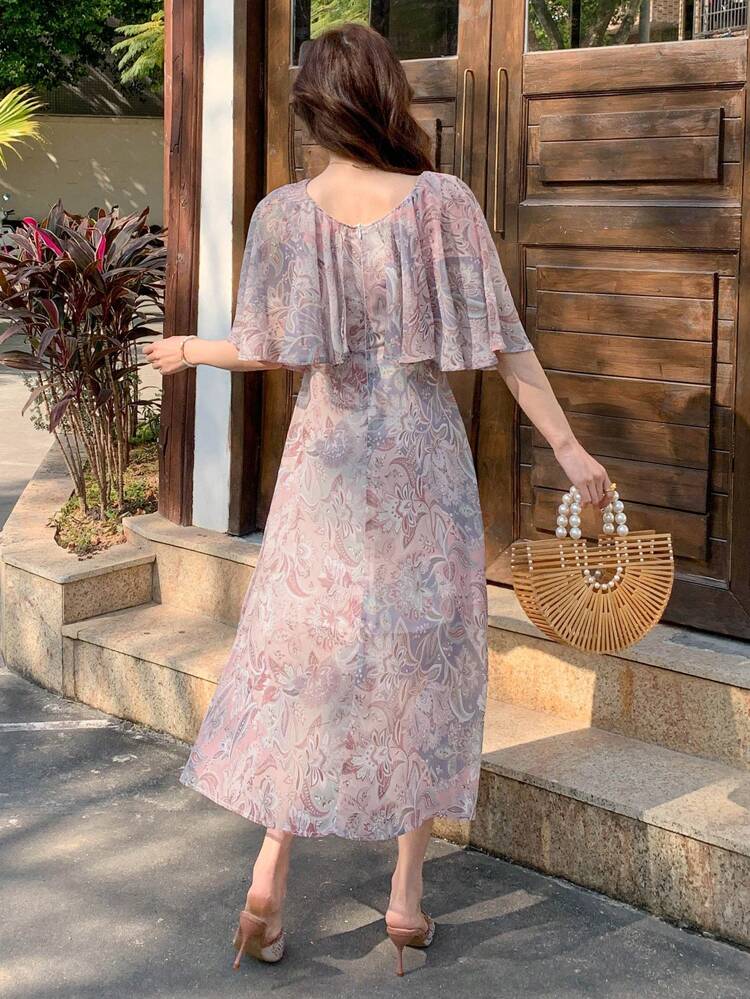 Spring New Print Waist Sundress, Muse Beach Vacation Elegant Ditsy Floral Cinched Waist Dress For Women, Suitable For Valentine's Day,Ruffle Maxi Dress Boho