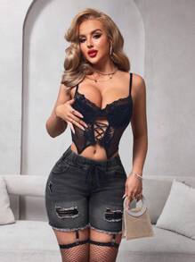 SHEIN SXY Casual Distressed Frayed Hem Slim Denim Shorts - Grey - View 5