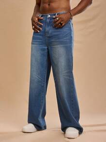 Forever 21 Men's New Spring Summer Retro Washed Wide Leg Classic Denim Jeans Pants - Medium Wash - View 3