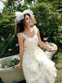SHEIN MOD Beige Organza Ditsy Floral Dress,  Long Summer Dress,Bohemian Dress,Western Dress,Easter Dress,Vacation Dresses Woman,Summer Dresses For Women,Modest Dresses For Women,Flowy Dress,Graduation Dress,Vintage Dress,Floral Dress Women