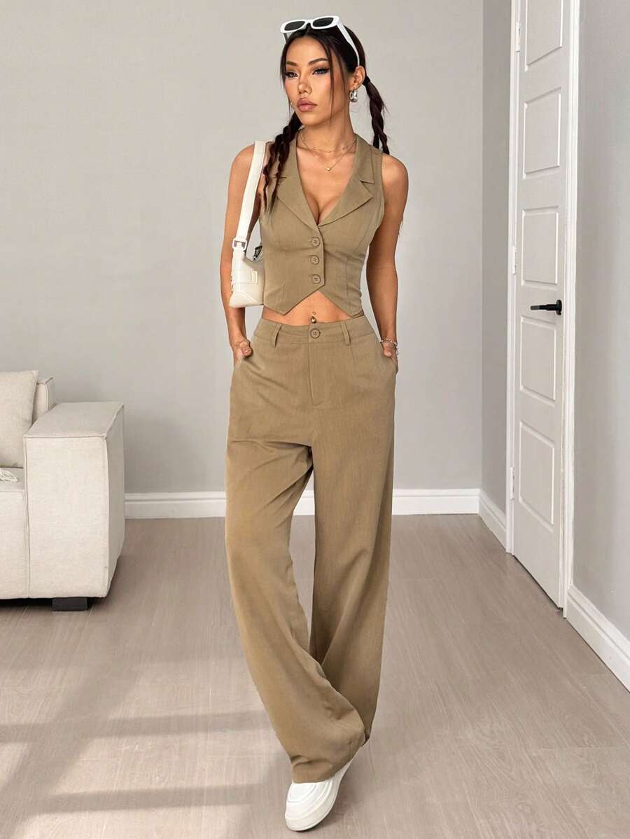 Flirla Conjunto de 2 piezas para mujer con chaleco ajustado de cuello y pantalones rectos anchos de pierna suelta - Marrón - Ver 1