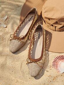 Styleloop 女士编织透气蝴蝶装饰方头平底鞋，舒适优雅，度假风格