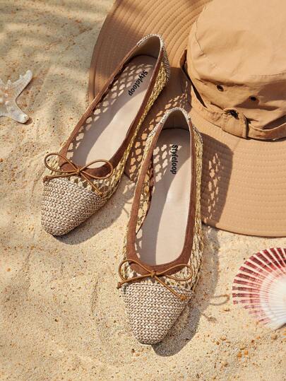 Styleloop 女士编织透气蝴蝶装饰方头平底鞋，舒适优雅，度假风格