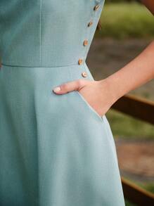 Vintamour 复古优雅女式连衣裙，带口袋纽扣，休闲度假夏季女式服装，度假服装女士浪漫连衣裙，女士夏季连衣裙，女士海滩服装，90 年代服装连衣裙 - 藍色 - 查看 2