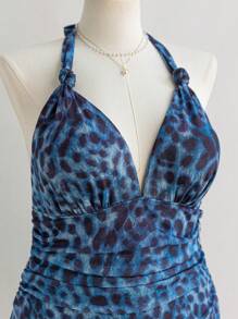 Soleia Vestido de vacaciones/vuelta al colegio con estampado floral y de leopardo, escote halter y espalda descubierta para mujer talla grande, otoño temprano