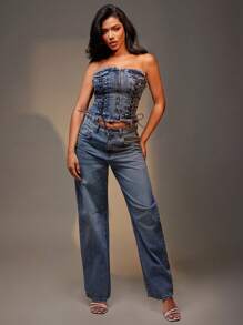 Denimoi 系带拉链前部原始饰边直筒牛仔上衣 - 藍色 - 查看 4