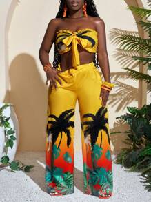 Slaydiva 女士夏季假期椰子树印花露背宽松长款两件套