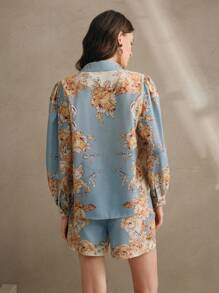 Anewsta 优雅女士春节定位印花长袖灯笼袖衬衫 - 藍色 - 查看 6