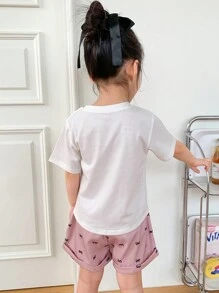 DAZY 2pcs/Set Young Girl Slogan Printed Short Sleeve Top And Bow Print Shorts Set,Girls Summer Outfits