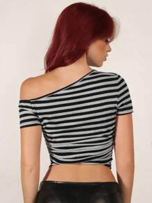 SHEIN ICON 1 件女式 90 年代条纹节日狂欢肩短袖 T 恤春季上衣，简约休闲日常穿着 - 彩色 - 查看 8