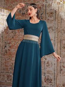 Modelyn 勃艮第红色时尚女式流苏细节编织腰带拼接连衣裙，优雅晚会超长端庄长袖连衣裙长款晚礼服 - 水鴨藍 - 查看 4