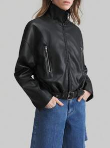 Ontre Chaqueta de primavera/verano para mujer 2025 con cremallera de metal corta y ajuste, cinturón con hebilla de metal ajustable, de uso casual diario, minimalista y urbana