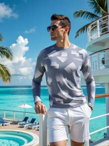 Manfinity Swimmode Men's Geometric Print Raglan Sleeve Surfing T-Shirt Man Swim Trunks,Hawaiian - Grey - View 3